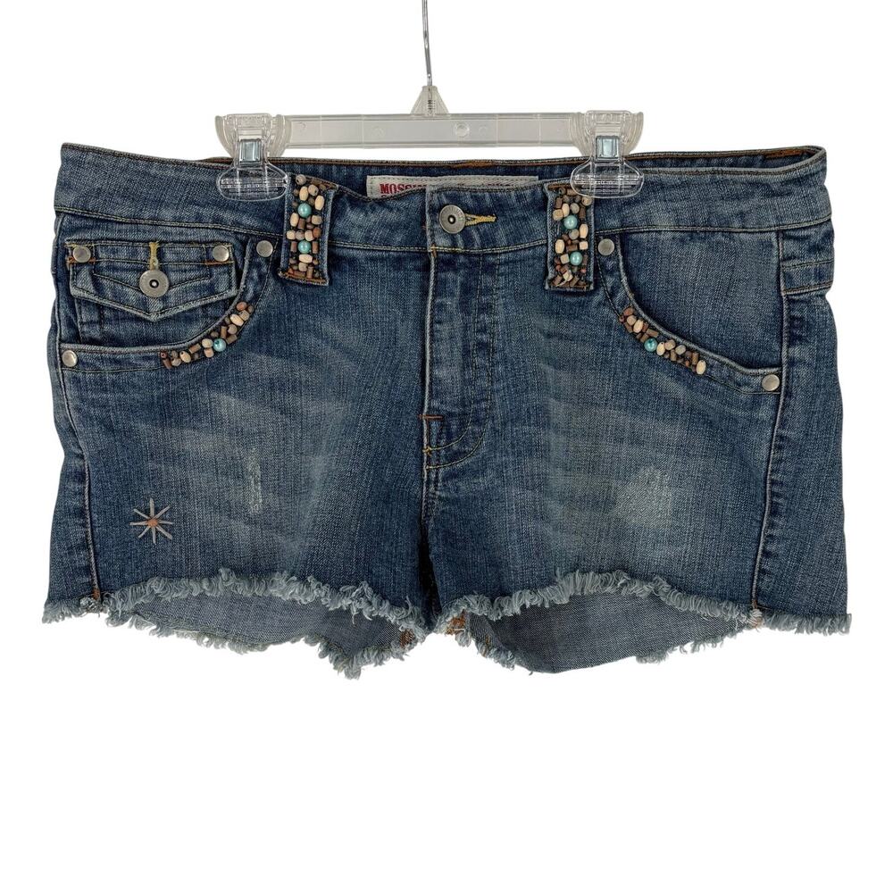 Vintage Y2K Mossimo Low Rise Beaded Denim Shorts, Button Flap Pockets, Size 15